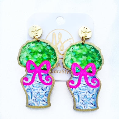 Topiary Ginger Jar Pink Bow Dangle Earring Floral Chinoiserie Spring