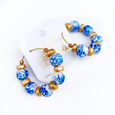 Beaded Hoop Earring Blue and White Chinoiserie Spring Statement Jewelry