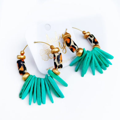Beaded Hoop Earring - Leopard and Turquoise Coconut Spike